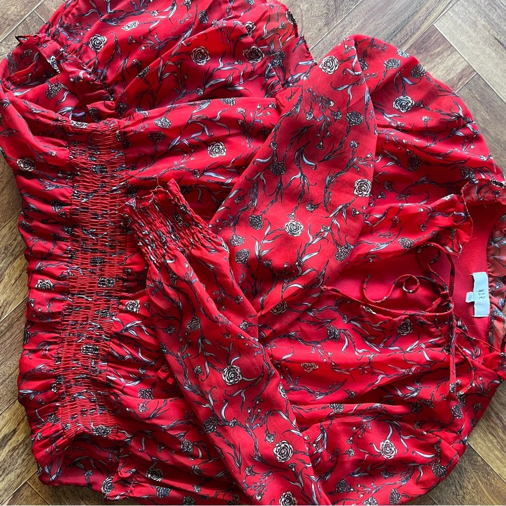 NSR Emma Mini Dress Red Floral Print Long Sleeve Tiered Smocked Size M